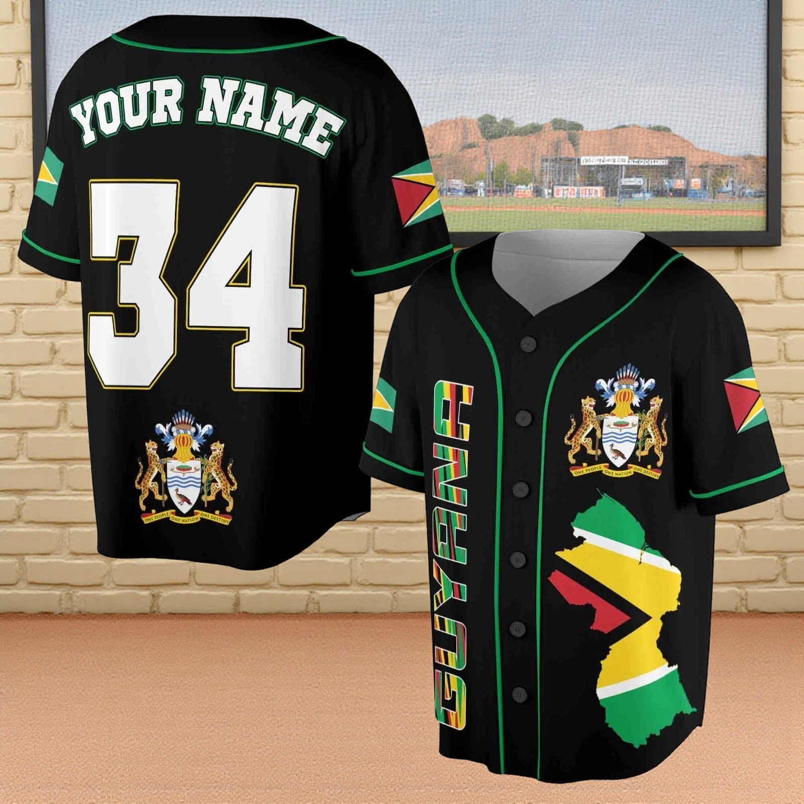 Personalized Name & Number Guyana Flag Coat of Arms Baseball Jersey Unisex S-5XL
