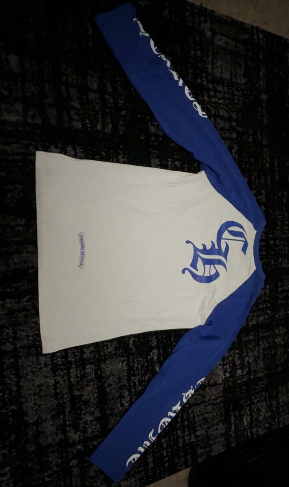 Chrome Hearts Men’s White/Blue Logo Raglan Long Sleeve Crew Neck T-Shirt