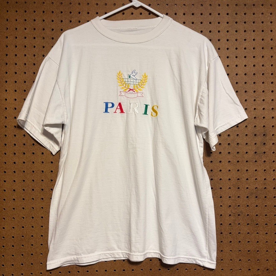 VTG Paris T-Shirt Large White Embroidered Dove Souvenir 90s Tee Travel Oversized