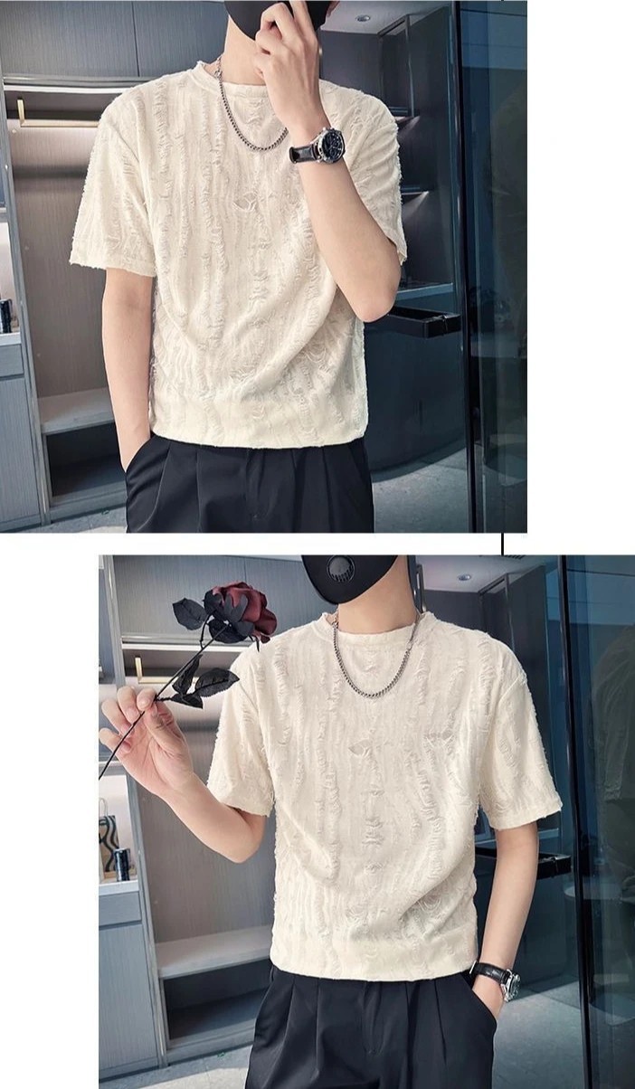 Mens Distressed Textured Short Sleeve T-Shirt Trendy Ripped Summer Crew Neck Tee