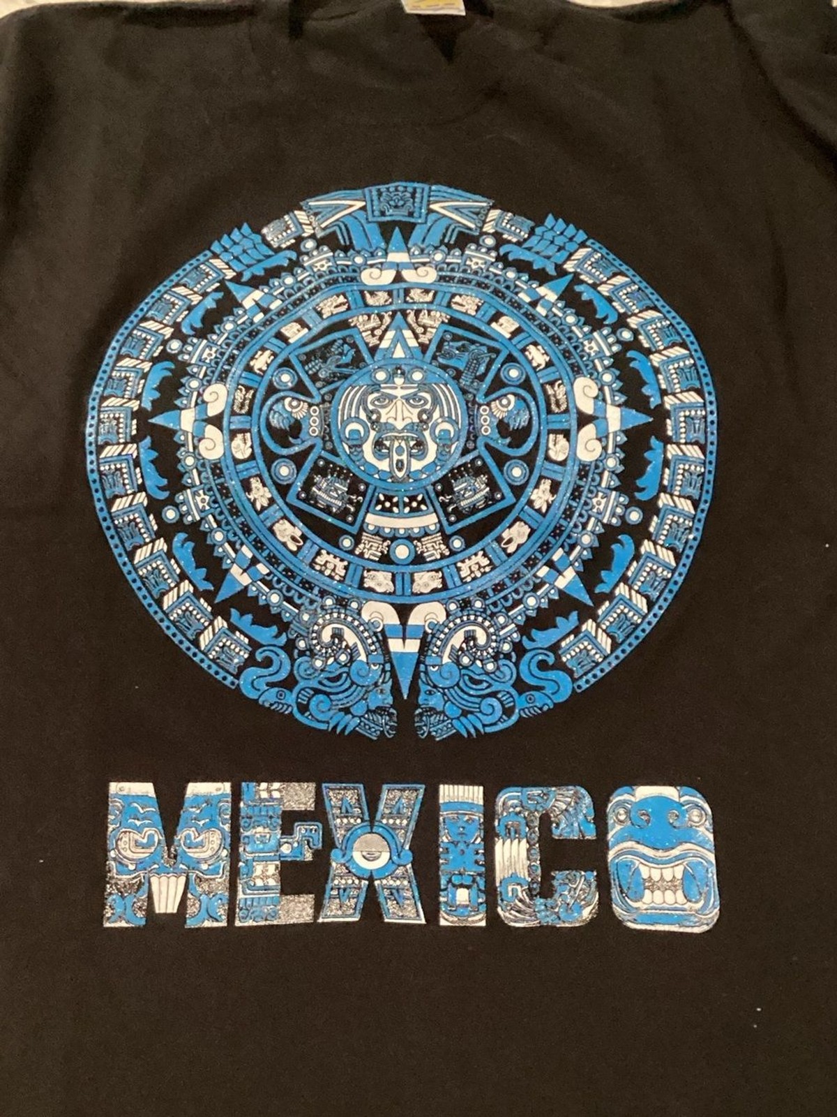 Source Unknown Black Tee with Blue Aztec Mexico Graphic
