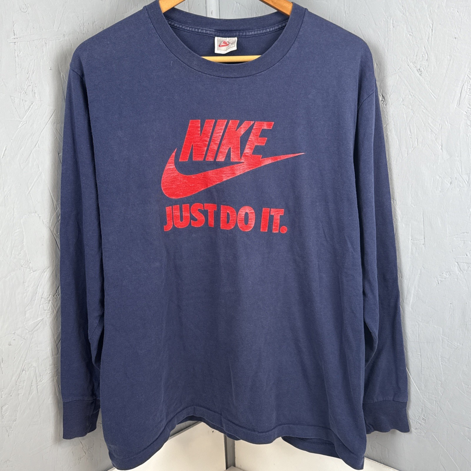 Rare VTG NIKE Just Do It Spell Out Swoosh Long Sleeve T Shirt 80s 90s Blue SZ L
