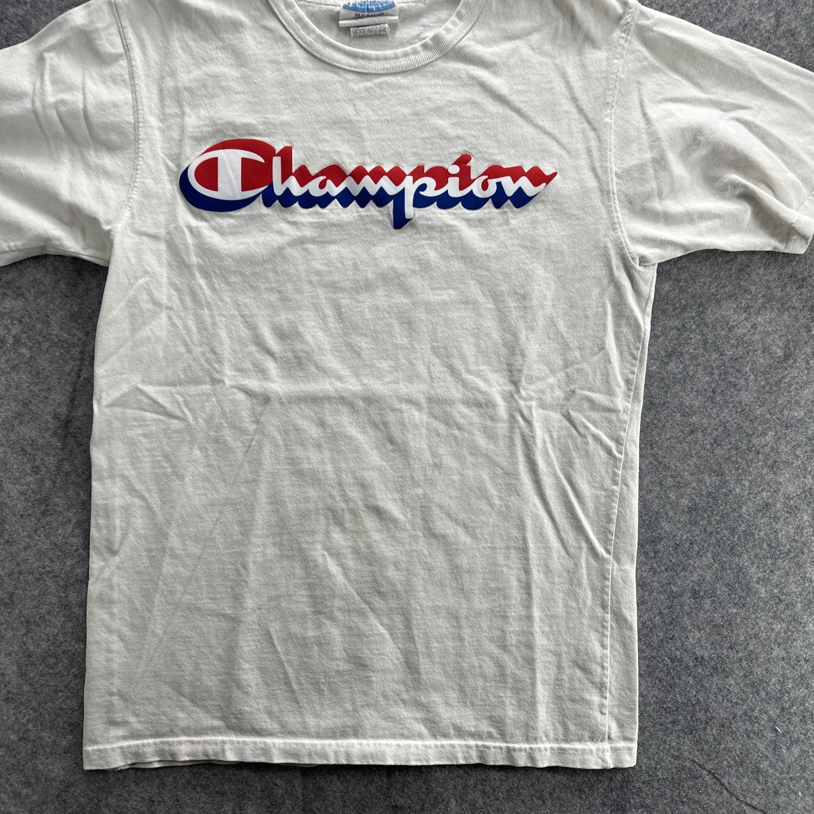 Champion Shirt Mens Medium White Red Blue Spell Out Graphic Tee T-Shirt Cotton
