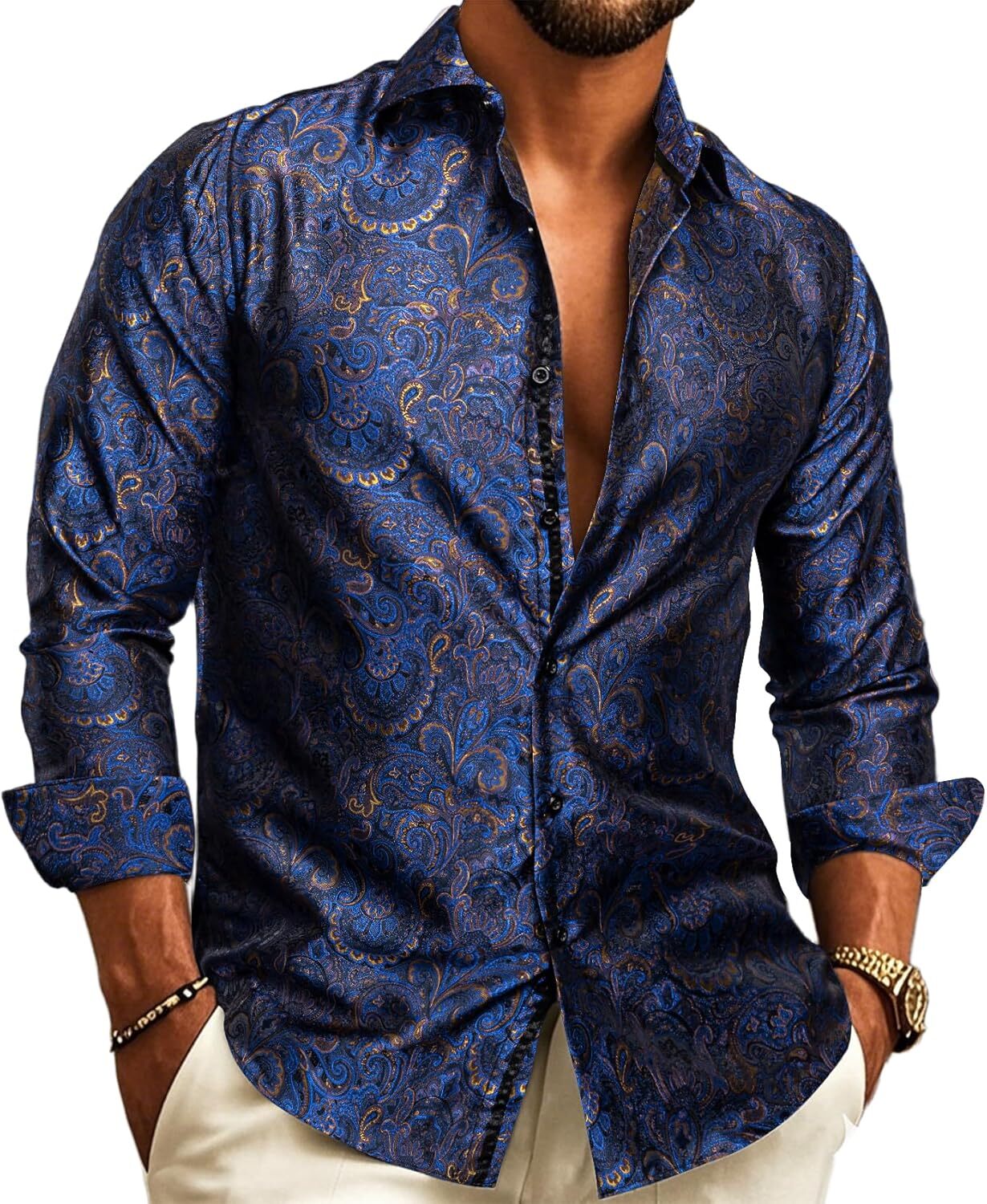 Mens Silk Paisley Western Shirt Long Sleeve Button Down Cowboy Dress Top Casual