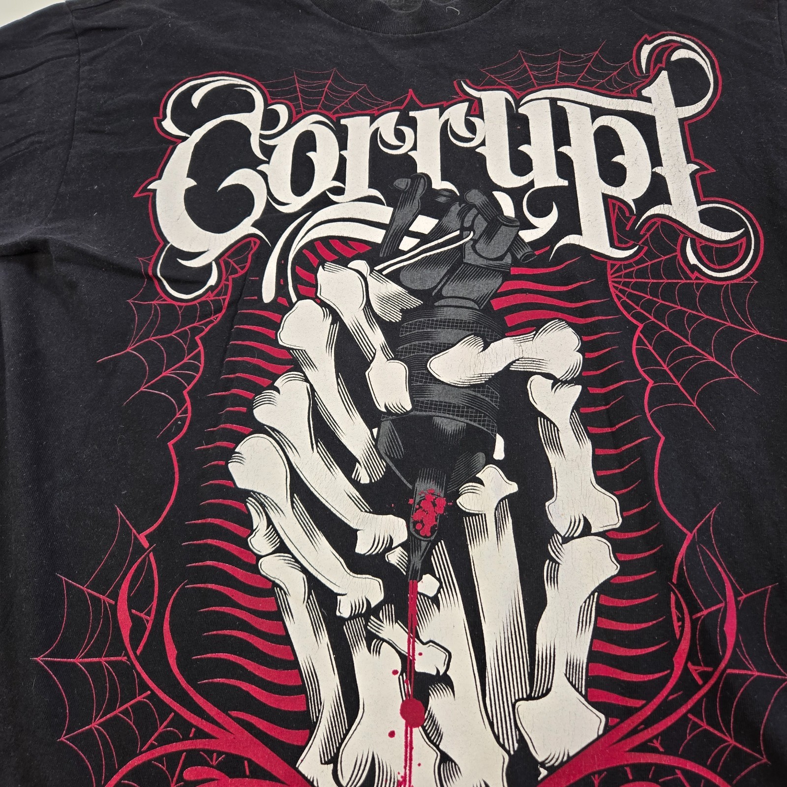 Corrupt Shirt Mens Large Black Y2K Grunge Skeleton Hand Grenade Spider Web