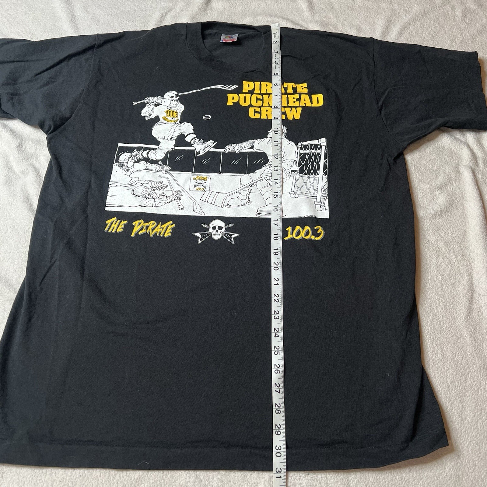 Vintage 90s Pirate Radio 100.3 FM Puck Head Crew XL Black T-Shirt Tee LS Station