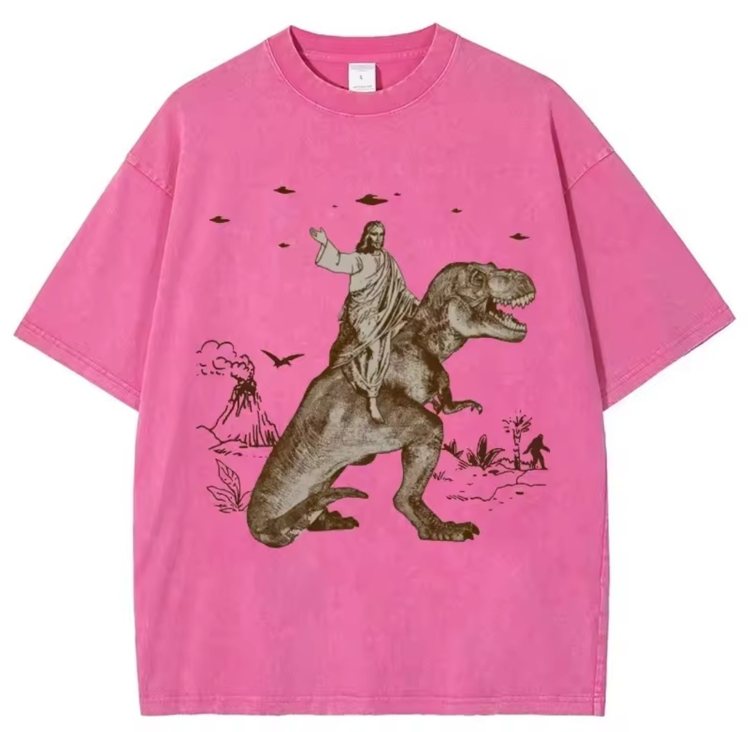 Men’s Multicolor Jesus Dinosaur Graphic Print Crew Neck Short Sleeve T-Shirt L
