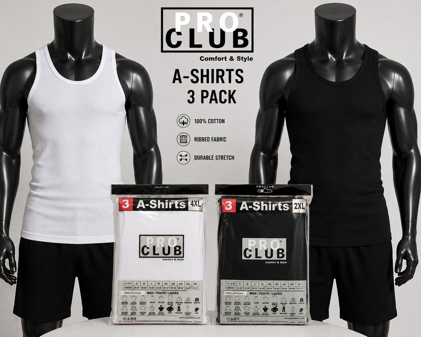 3 PACK PRO CLUB MENS A-SHIRT SIZES (S- 5XL) RIBBED TANK TOP WHITE/BLACK