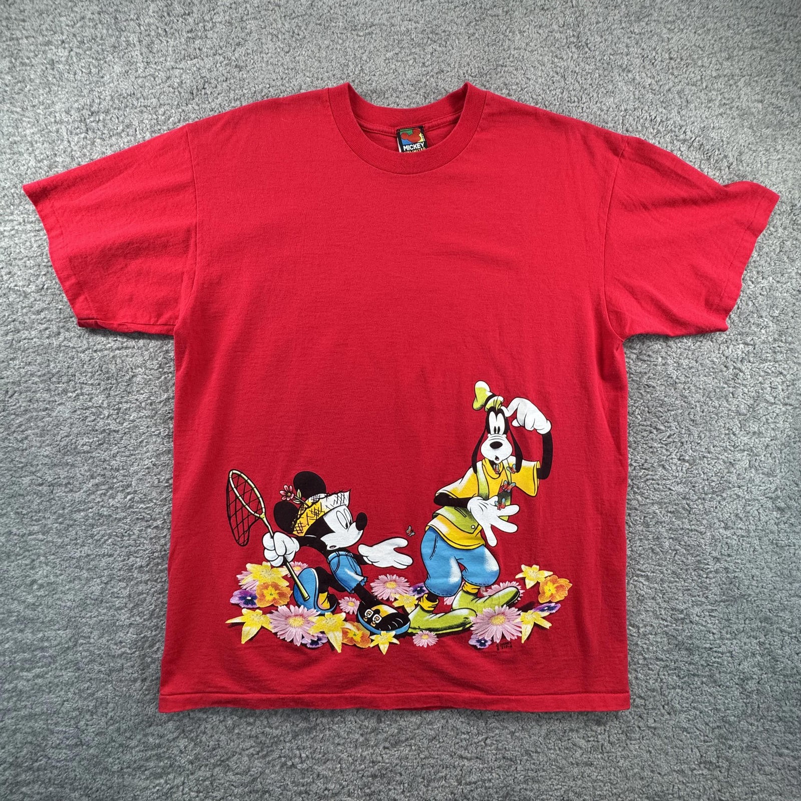 Vintage Mickey Unlimited Disney T-Shirt XL Red Mickey and Goofy Butterfly Net