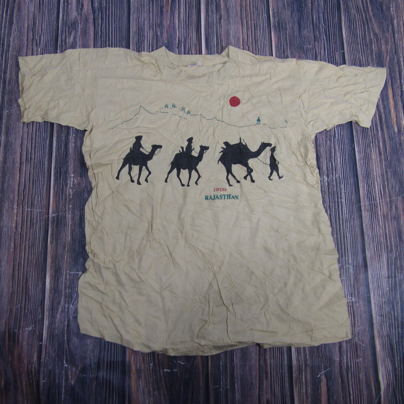 Vintage India Rajasthan Shirt Mens 2XL Tan Camel Desert Graphic Tourist Tee 90s