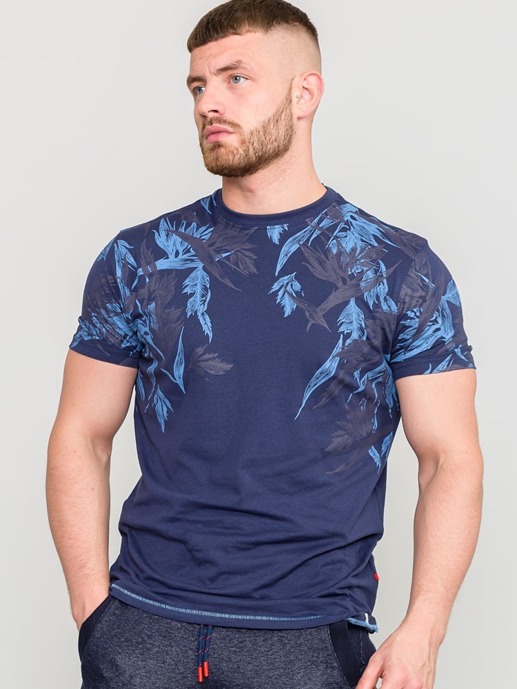 D555 Duke Mens T-Shirt Floral Print Navy Short Sleeve Crew Neck Medium