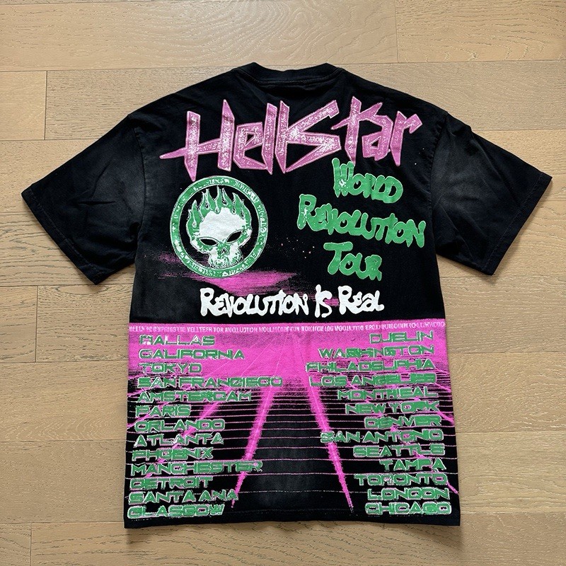 Hellstar 1:1World Revolution Tour Graphic Logo Tee Black Pink Green Short Sleeve