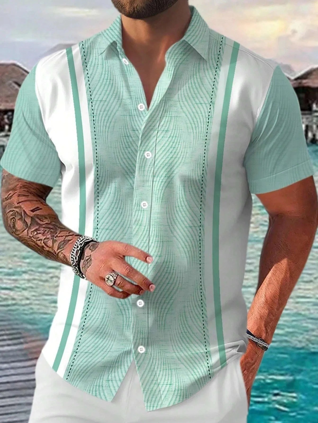 Men’s Casual Short Sleeve Guayabera Cuban Beach Wedding Button-up Dress Shirt