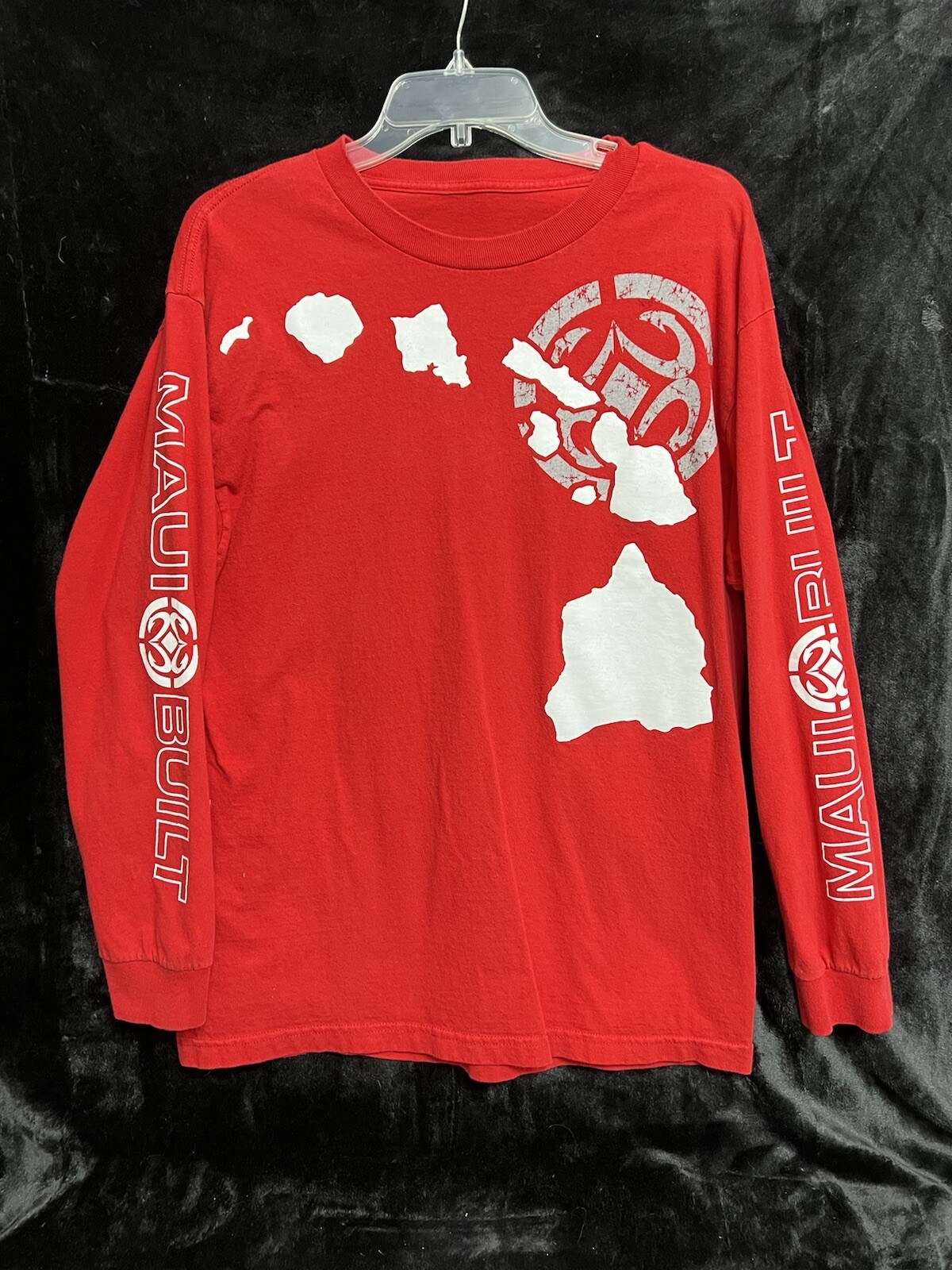 Maui Mens Red Long Sleeve Jersey t-shirt W/Graphic Print Front & Sleeves Sz Lg