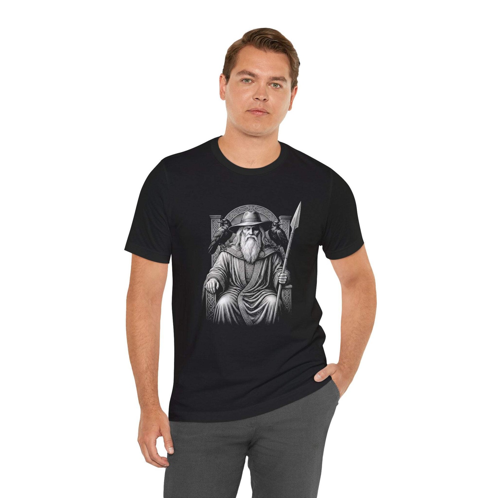 Odin Norse God T-Shirt with Ravens & Spear | Viking Mythology Tee Shirt