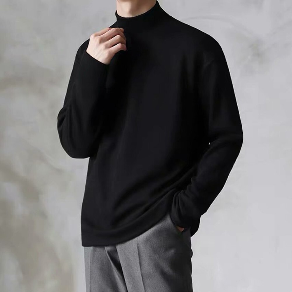 Men Long Sleeved Tee Thin T-Shirt Half Turtleneck Loose Crewneck Top