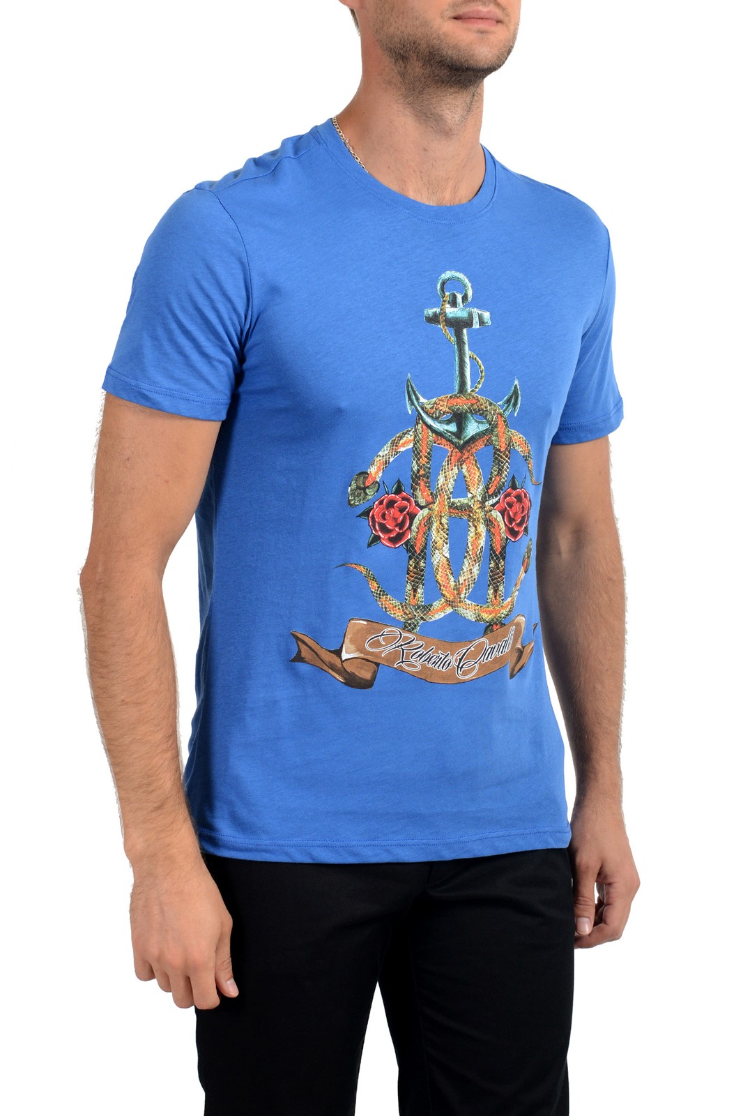 Roberto Cavalli Men’s Royal Blue Graphic Print Crewneck T-Shirt US 2XL IT 56