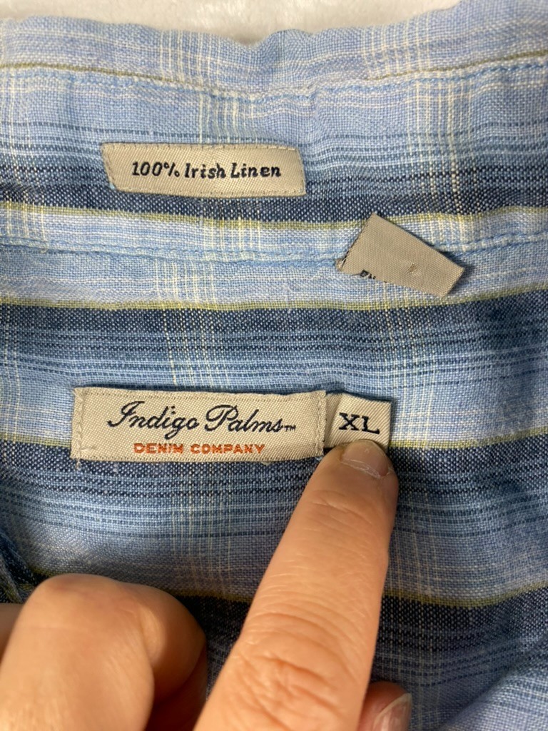 Indigo Palms 100% Irish Linen Shirt Men Sz XL Blue Plaid Short Sleeve Resort