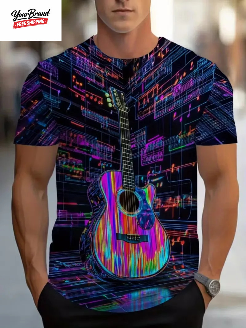 2025 Hip Hop Guitar Graphic T-Shirt for Men Trendy Rock Crew Neck Short Sleeve T