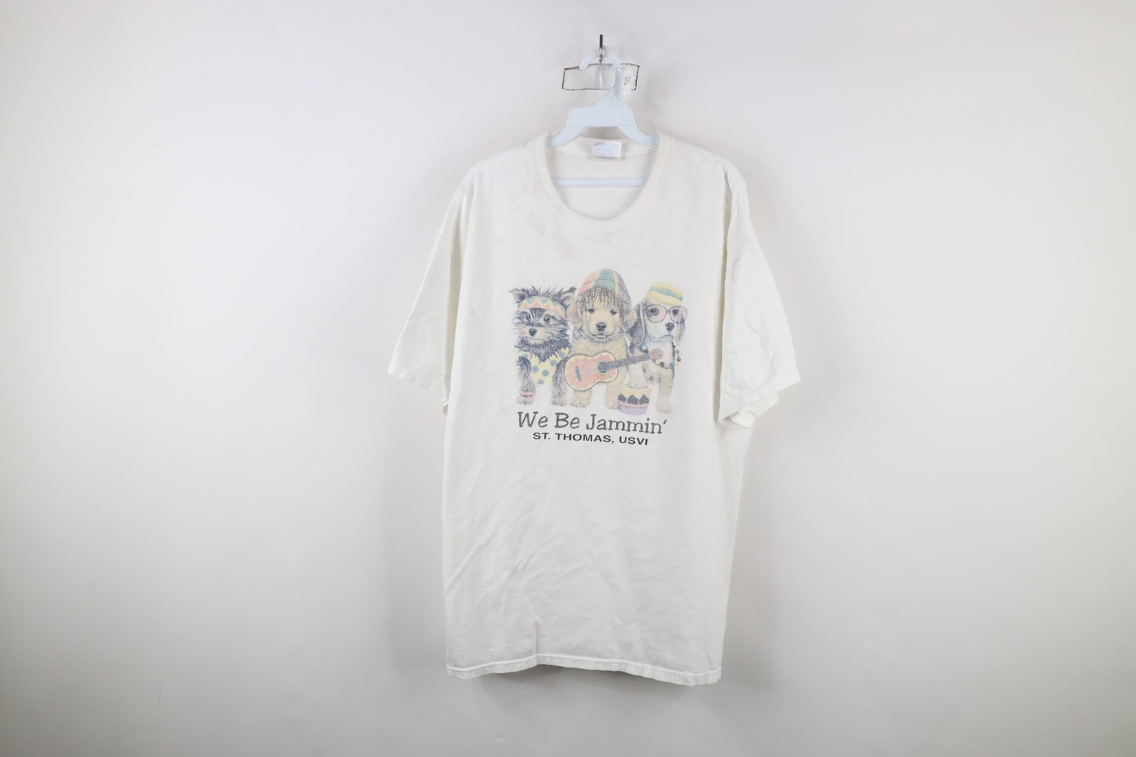 Vintage 90s Streetwear Mens XL Distressed We Be Jammin Dogs Puppy T-Shirt White