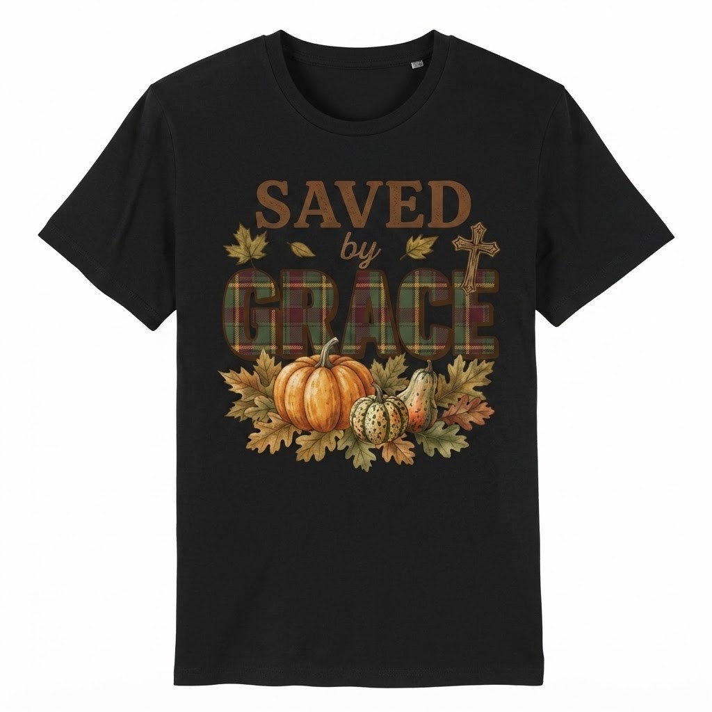 Saved By Grace Plaid Pumpkin Cross Faith Autumn Thanksgiving T-shirt