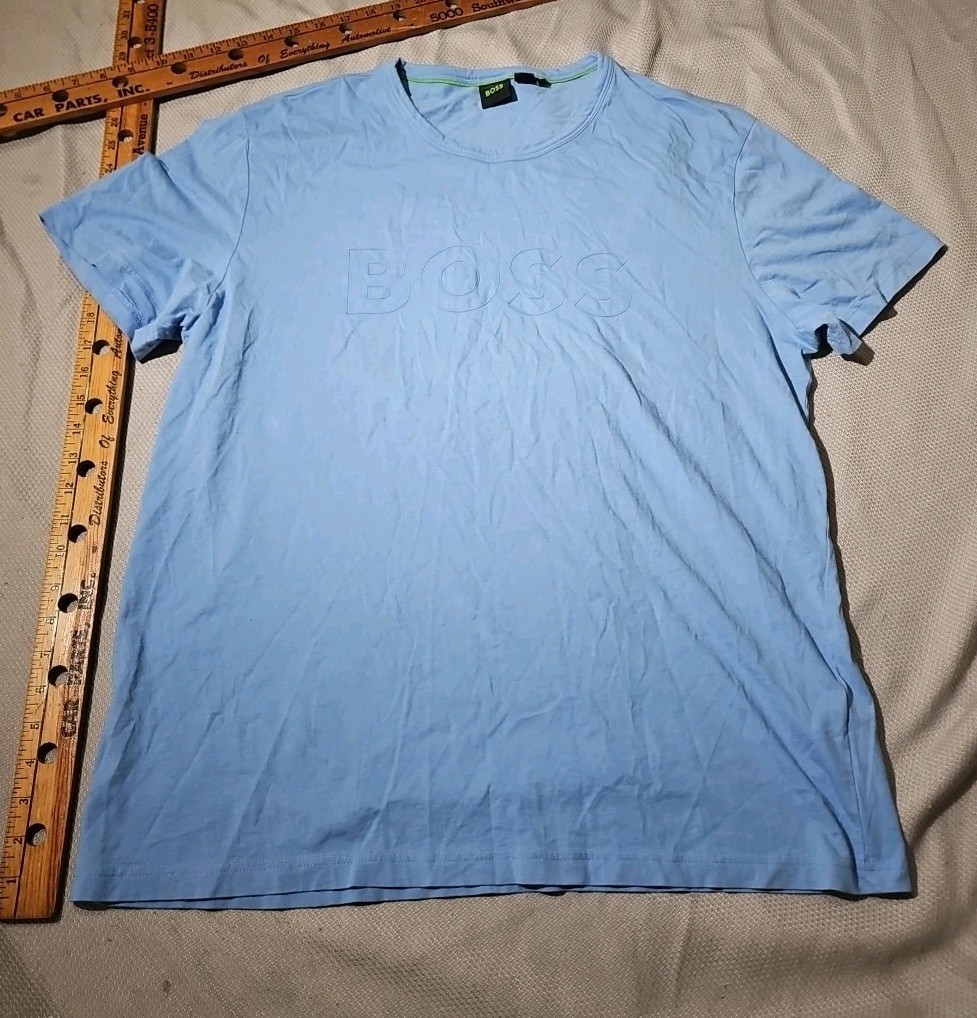 Hugo Boss Shirt Mens XXL 2XL Blue Textured Spellout Casual Streetwear Tee