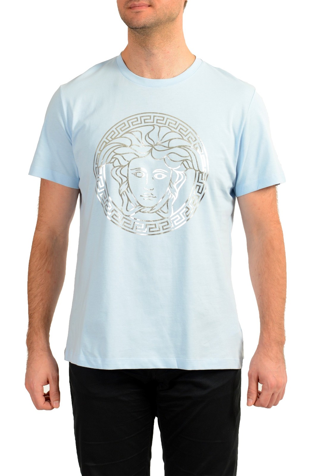 Versace Men’s Blue & Silver Medusa Logo Print Short Sleeve T-Shirt US XS IT 46
