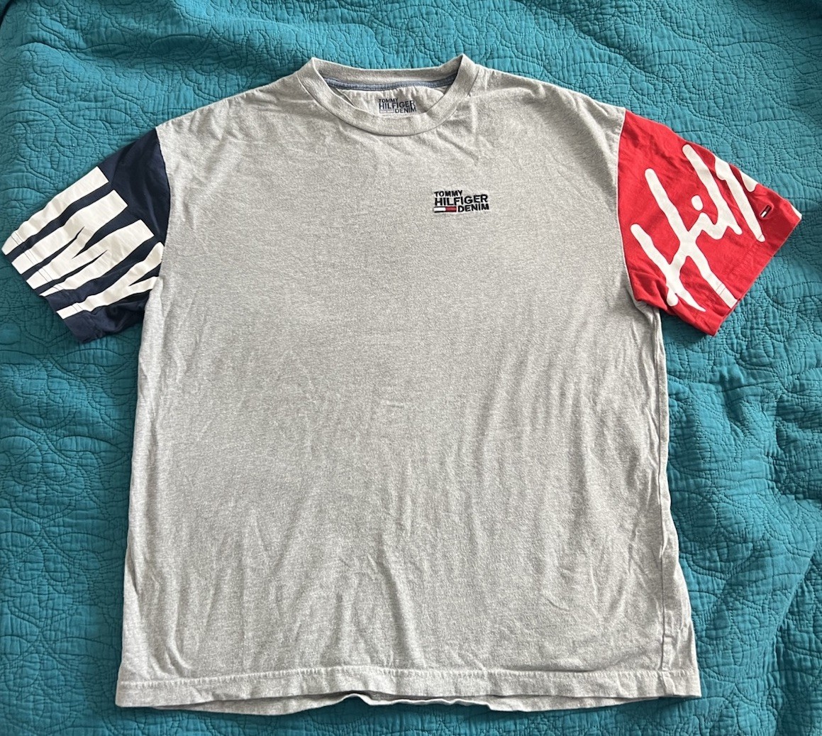 Tommy Hilfiger Gray and Red And Blue 1990’s Oversized Men’s Shirt Size Medium