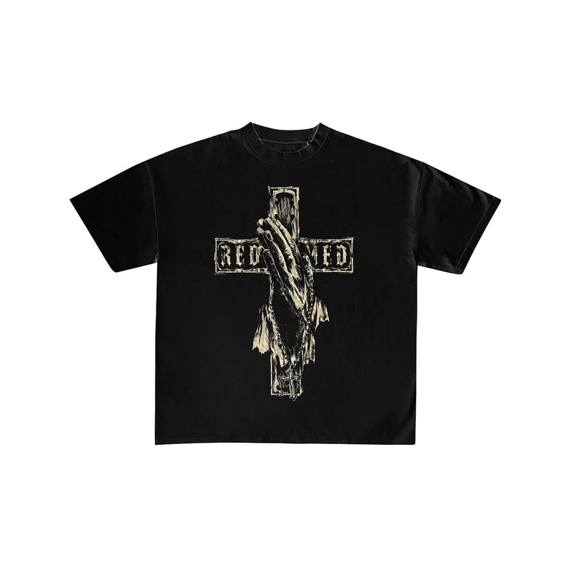 Redeemed Praying Hands Cross Graphic Black T-Shirt