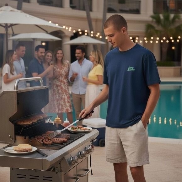 Tommy Bahama Mens Happy Grillmore Graphic T-Shirt Navy Blue Parrot BBQ Golf Tee