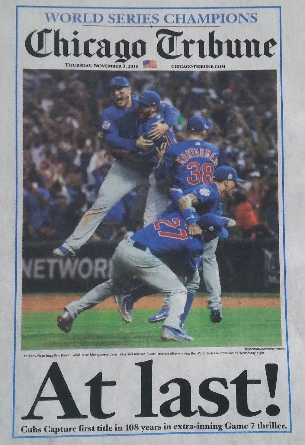New Chicago Cubs World Series Champions Chicago Tribune Newspaper Shirt w Roster
