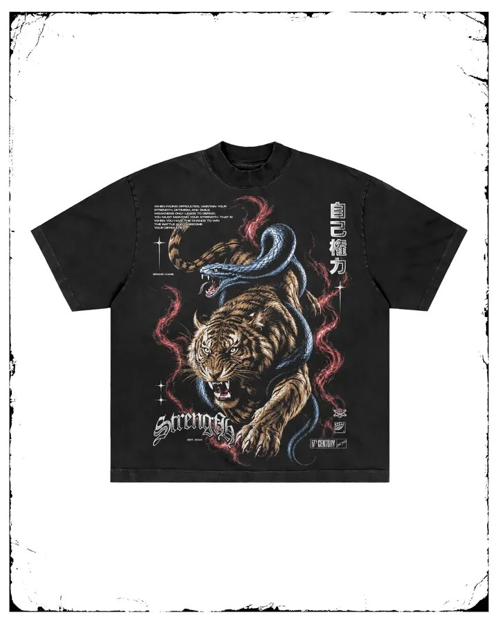 Men’s Vintage Washed Graphic T-Shirt Tiger Snake Print Gothic Streetwear Tee