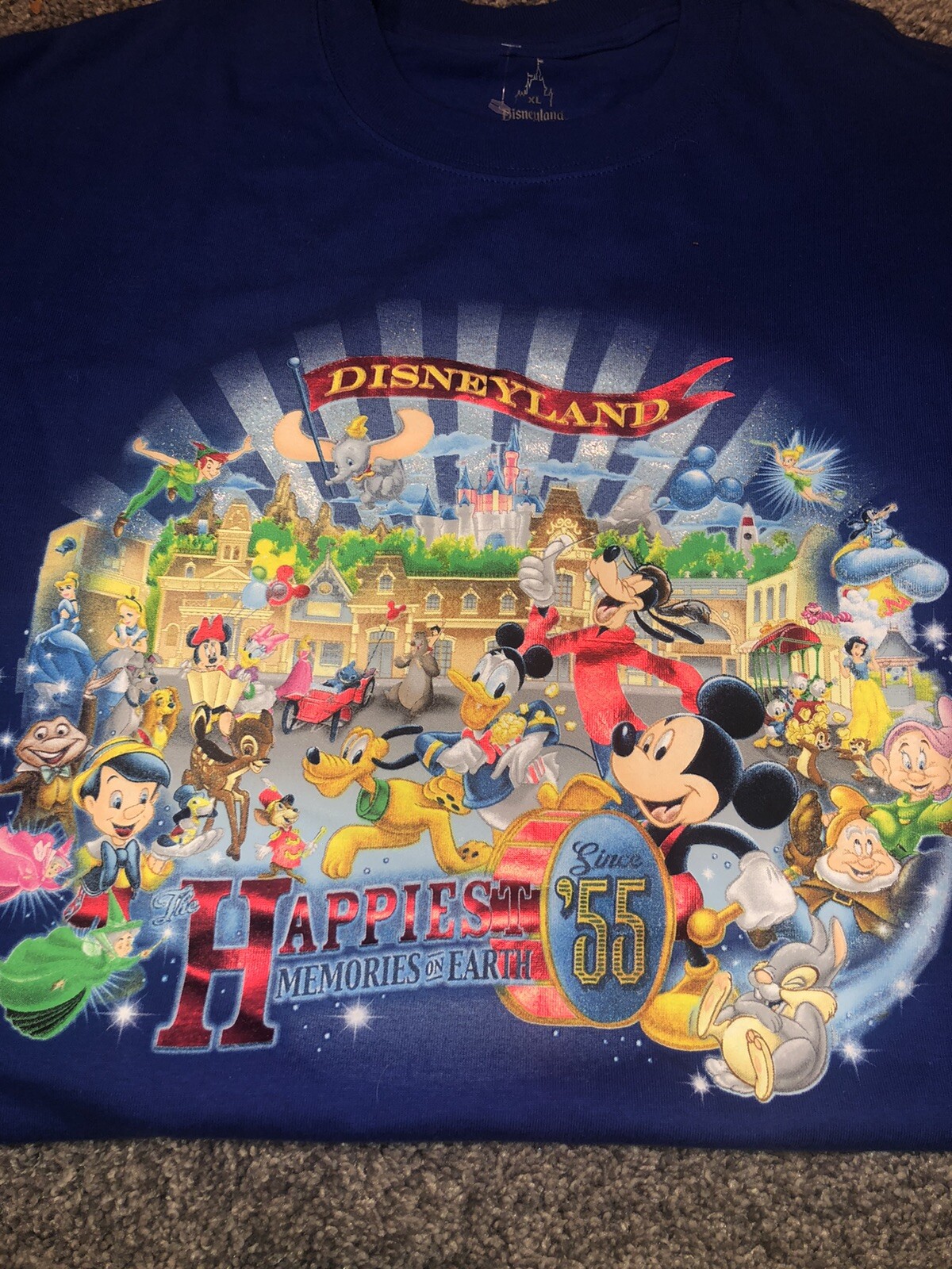 XL BLUE reflective HAPPIEST MEMORIES ON EARTH 55 Large DISNEY CAST SHIRT TEE