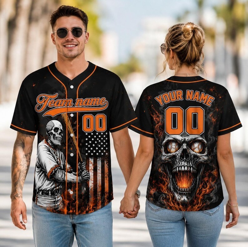 Custom Skull Baseball Player Fire Flag Jersey Personalized Name Number