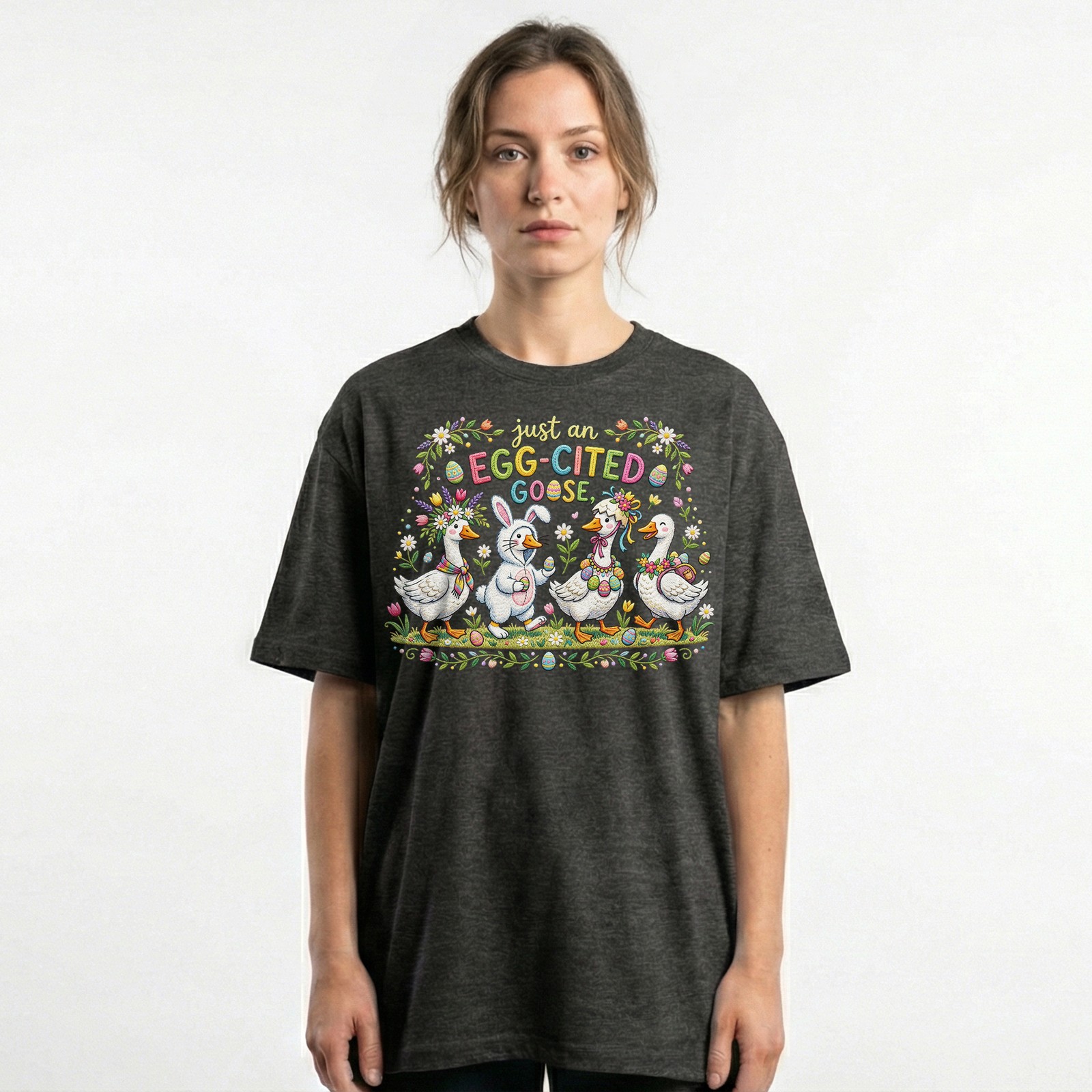 Egg Cited Goose Easter Duck Floral T-Shirt Spring Holiday Cute Animal Tee