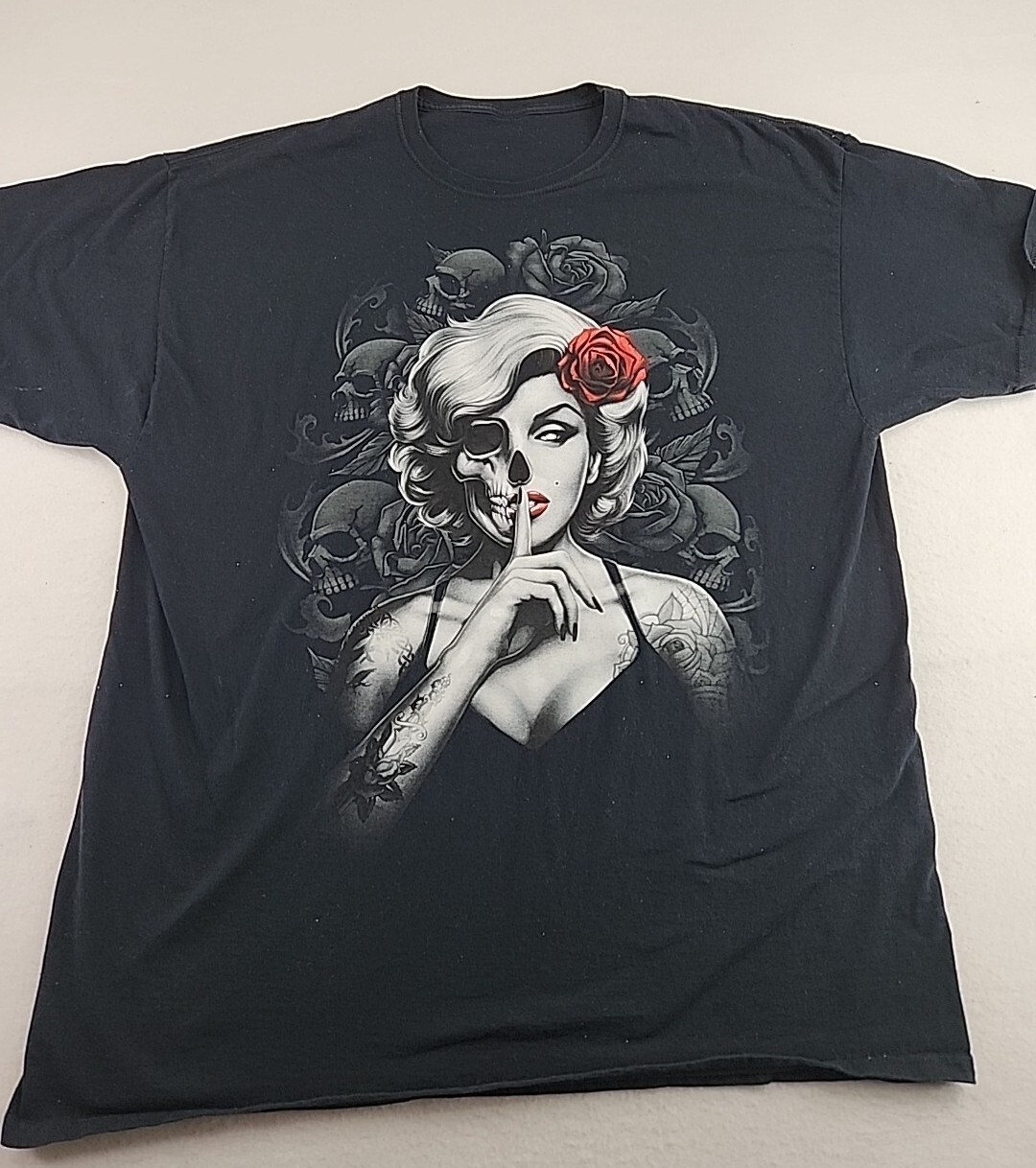 Gothic Woman Skull Graphics Mens XL Black Cotton T-shirt