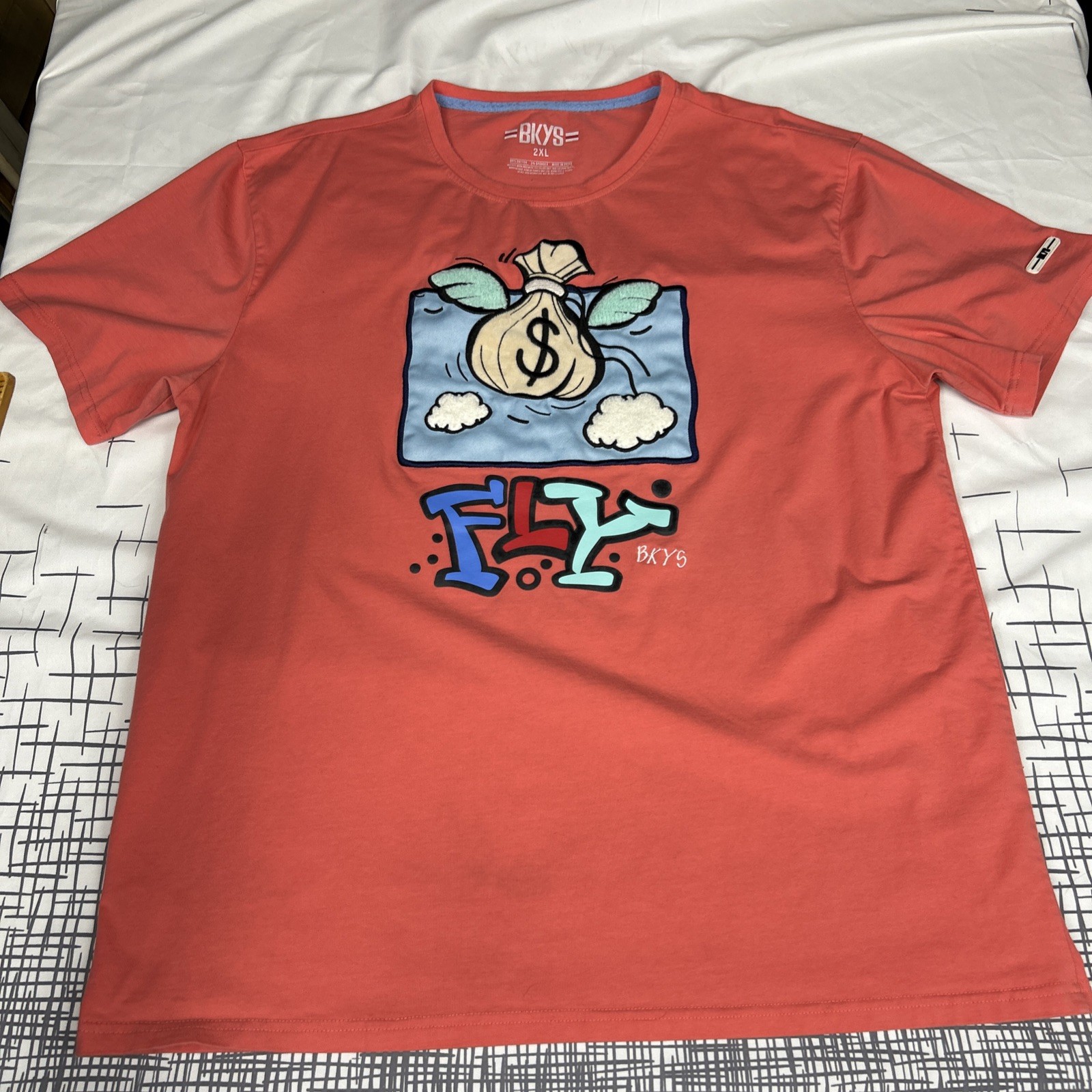 BKYS Fly Coral Pink T Shirt Money Bag Wings Applique Puffy Graphic Flocked 2XL