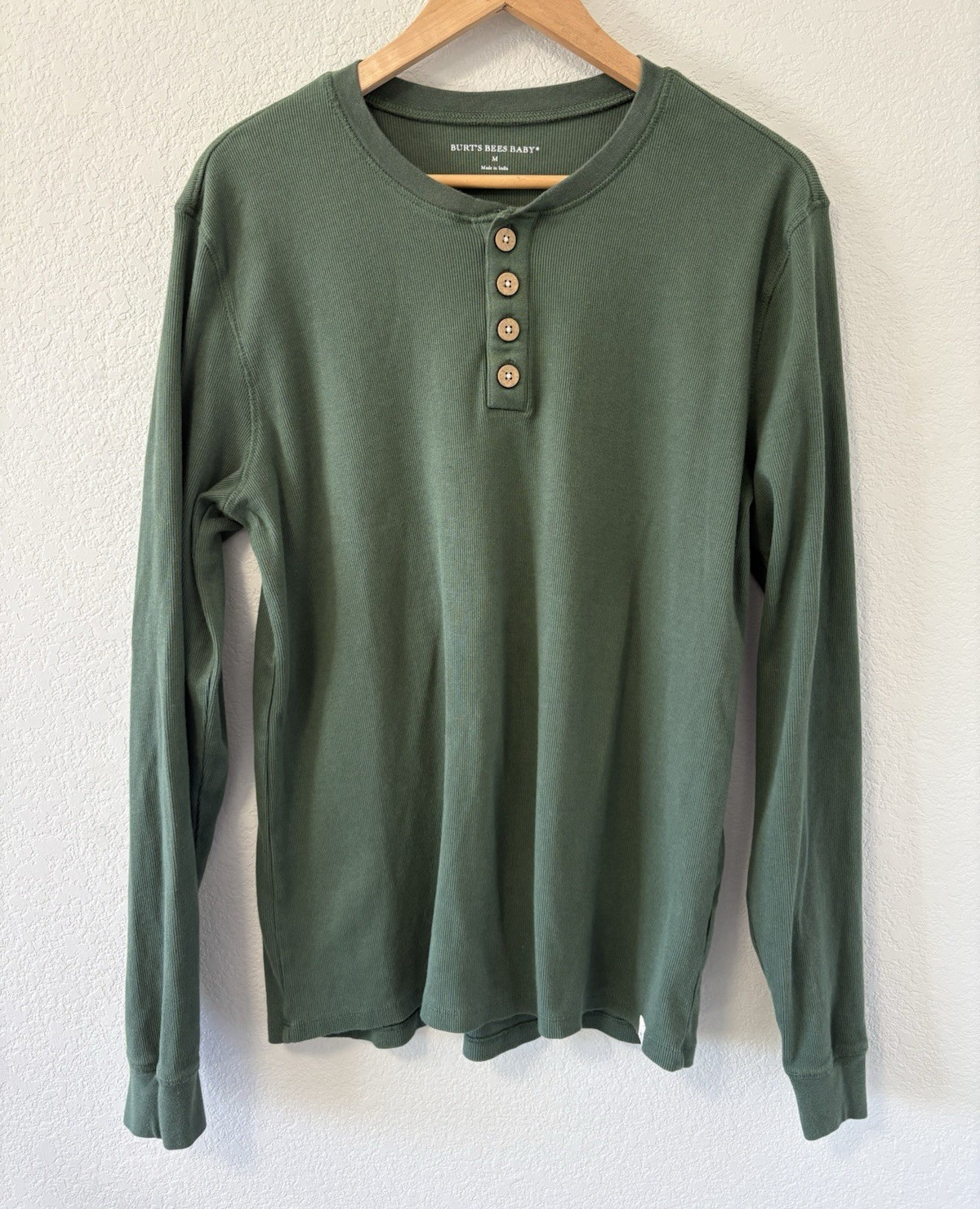 Burt’s Bees Baby Mens Medium Organic Cotton Henley Shirt Green Rib Knit Thermal