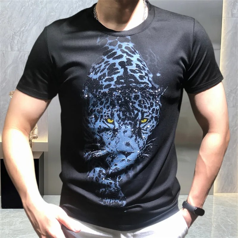 New Men Luxury Leopard Rhinestones Fashion Black White T-Shirt High Quality