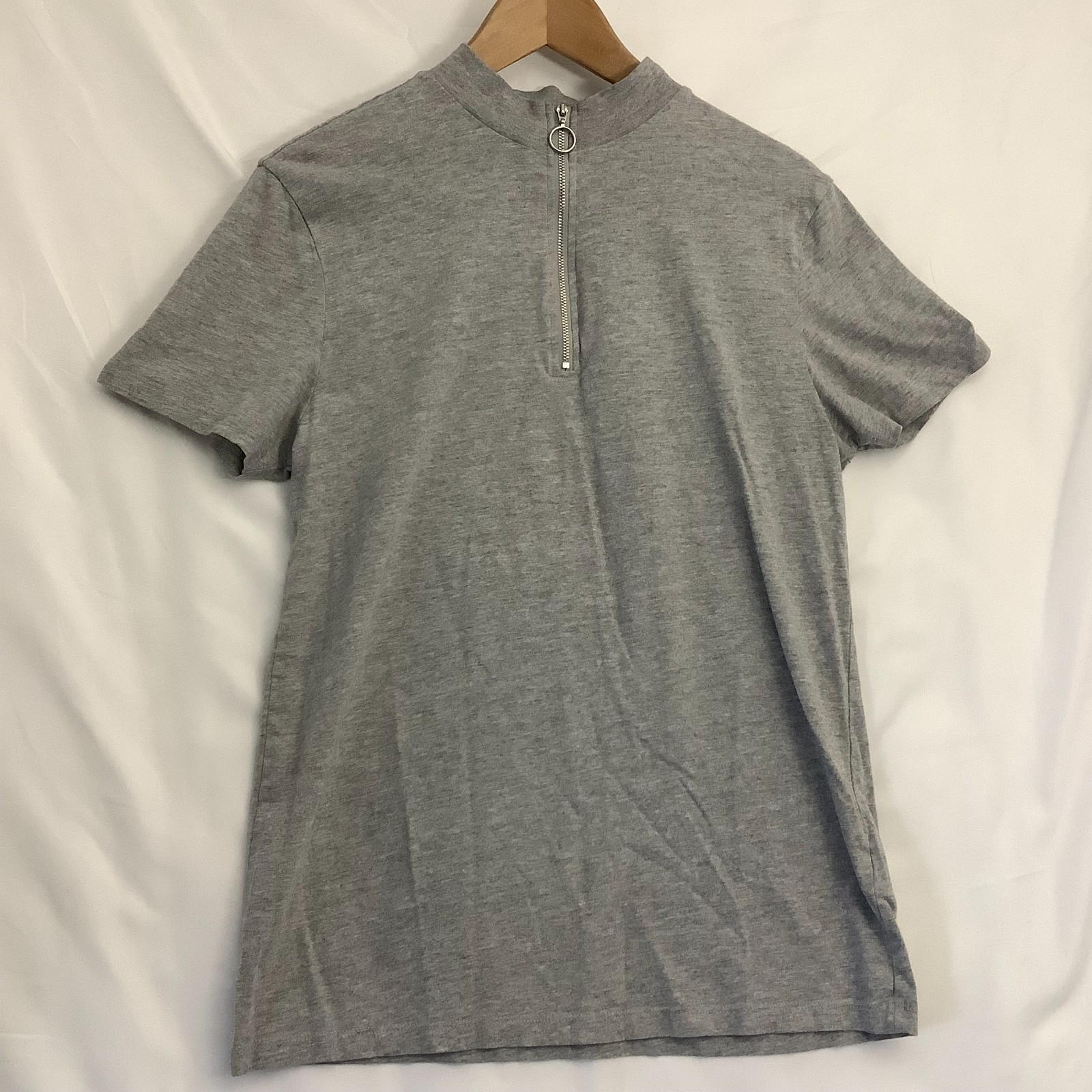 New Look Men’s Medium Grey Marl Quarter Zip Funnel Neck T-Shirt Short Sleeve