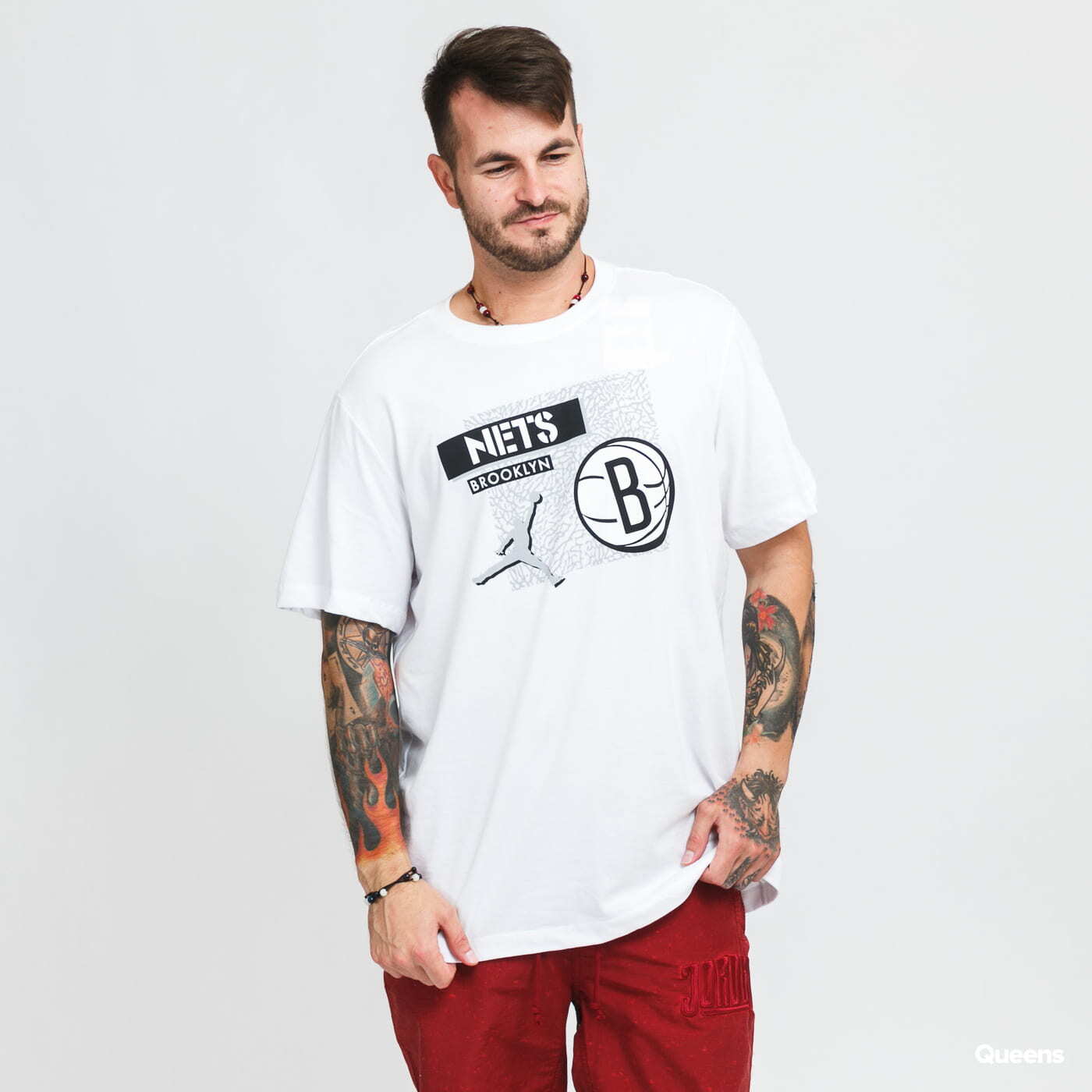 Jordan Nike Mens Brooklyn Nets Elephant Print Logo T-shirt Dri White Medium NEW