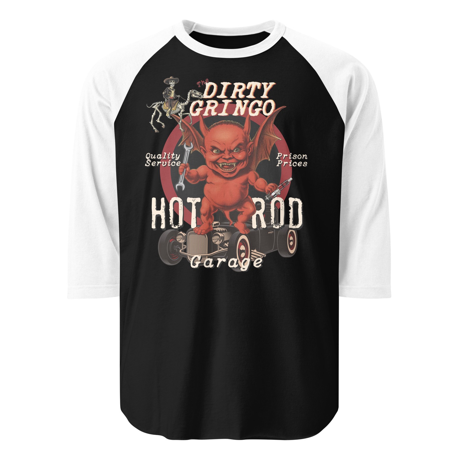 The Dirty Gringo Hot Rod Garage Retro Devil 3/4 sleeve raglan shirt