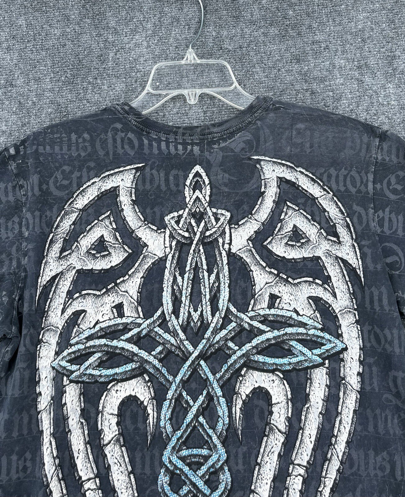 Affliction LIVE FAST SHIELD WINGED T Shirt Gray Blue Foil Accents Men’s M Grunge