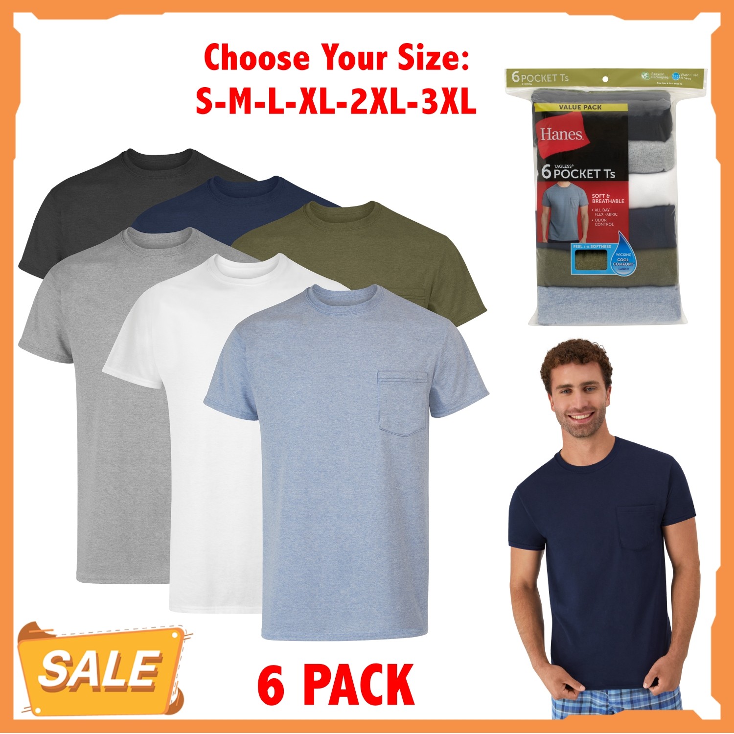 Hanes 6-Pack Pocket Tee Men’s T-Shirt Soft and Breathable Assorted