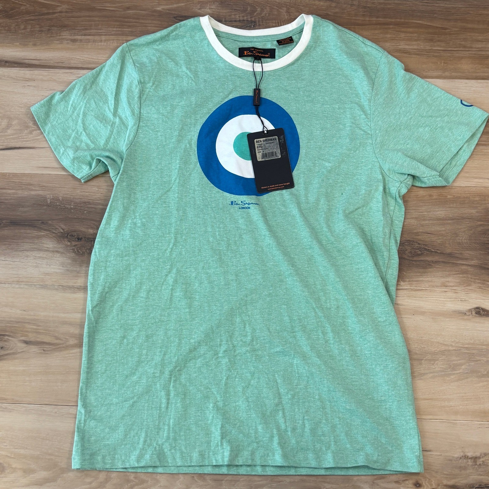 Ben Sherman Target Logo T-Shirt Mens M Absinthe Green Cotton Blend Ringer Tee