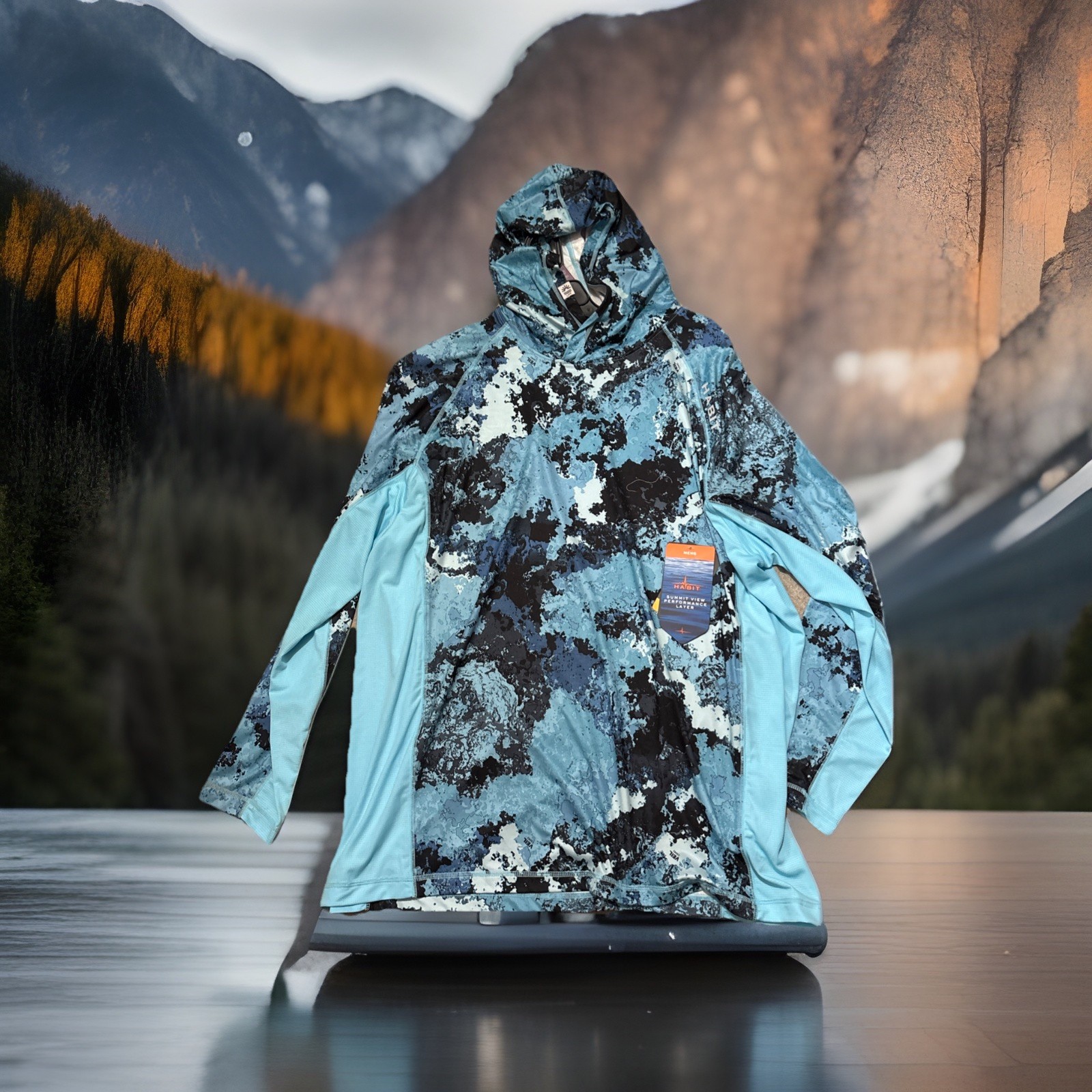 Habit Mens 2XL Summit View Hooded UPF 50+ Performance Layer Veil Camo Aqua Blue