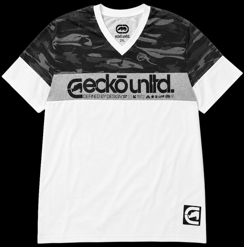 Ecko Unltd Men’s T-Shirt WHITE Black Camo Design Graphic V-Neck EO31K806