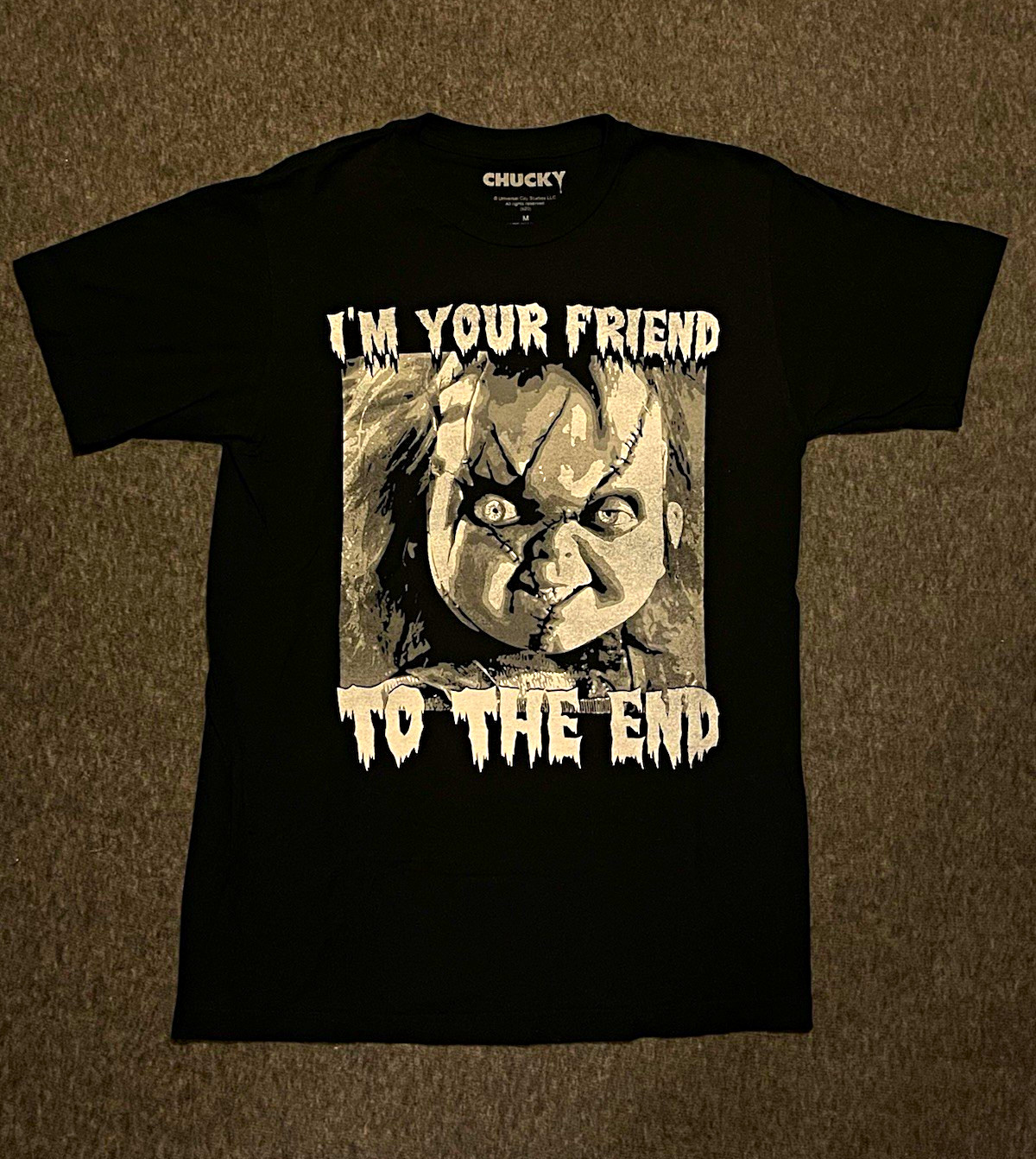 Chucky I’m Your Friend To The End Graphic Tee Men’s Crew Neck Black M