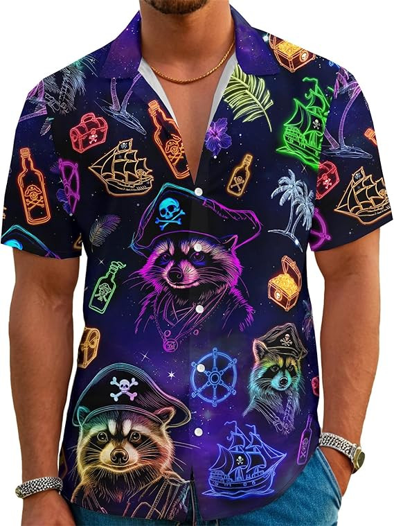 Funny Neon Tropical Hawaiian Shirt Mens Aloha Button Down Summer Beach Cruise We