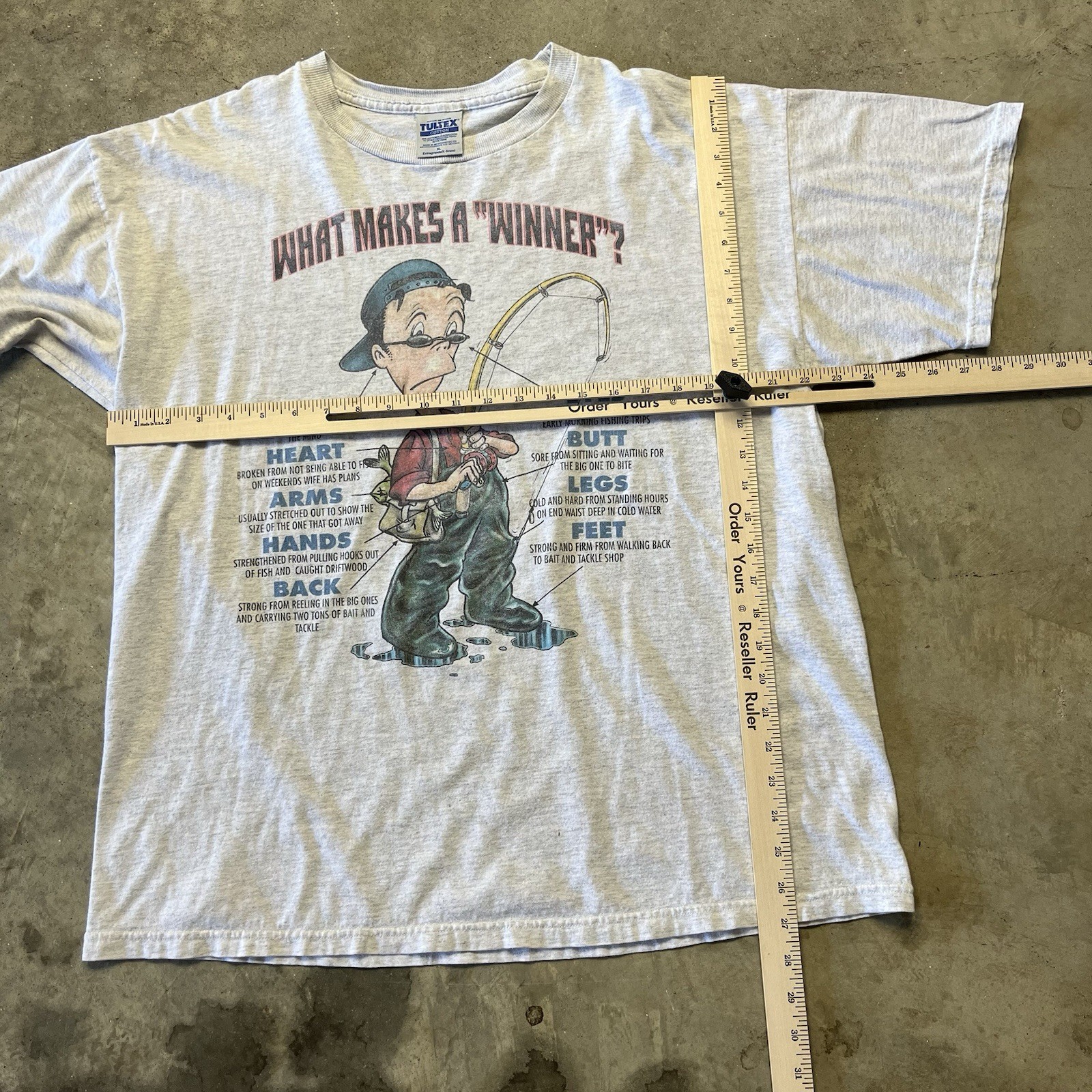 Vintage Tultex Fishing Cartoon T Shirt Mens XL Gray Funny Dad Joke Winner 90s